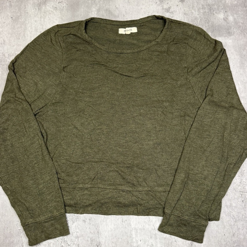 Madewell Olive Green Long Sleeve Crop Top Crewneck Knit Pullover Shirt Womens M